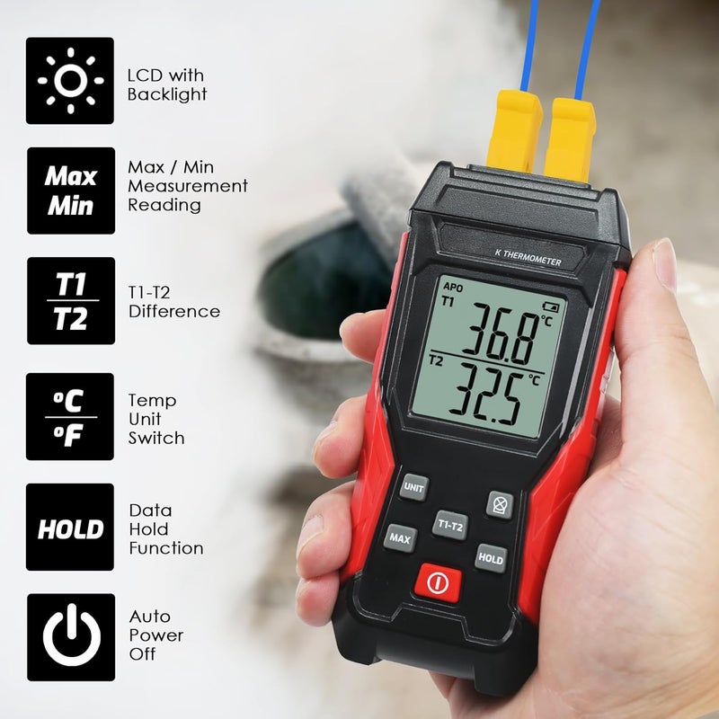 JuviPerpric Digital Thermocouple Thermometer Dual Channel K Type Thermometer(-328~2501℉) with 4 K-Type Thermocouple Probes LCD Display Temperature Tester for K Type - Image 3